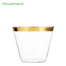 20 шт./партия, 201-300 мл, 9 унций, Золотые пластиковые чашки для свадьбы, дня рождения, одноразовая посуда чашки утварь для вечеринки, золотые чашки с ободками