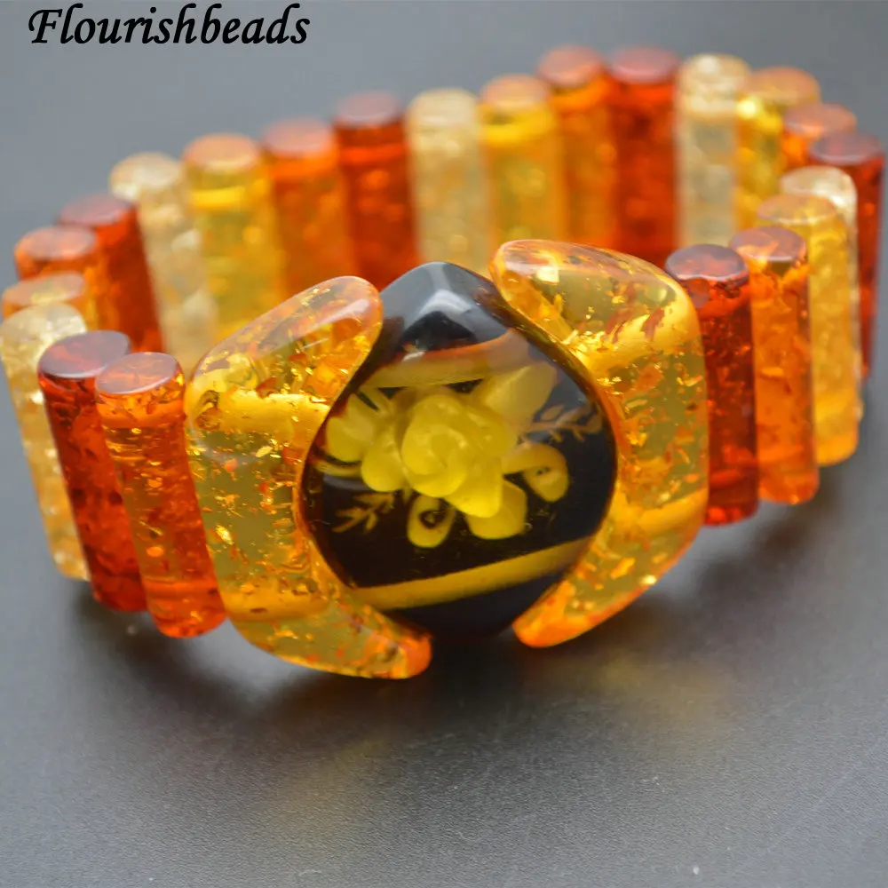 

Yellow Color Resin Square Carved Flower Veins Wide Bangle Bracelet Fashion Jewelry