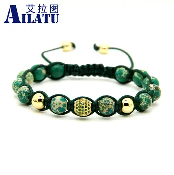 

Ailatu 10pcs/lot 8mm Green Sea Sediment Stone Green Micro Pave Cz Beads European American Macrame Bracelets Girls Women Gift