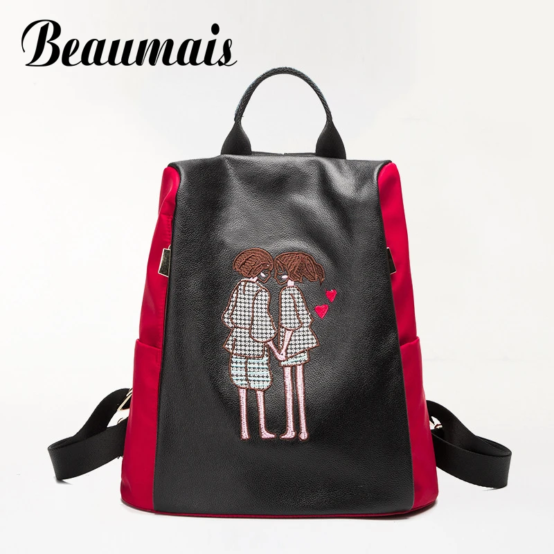 Beaumais Genuine Leather and Oxford Backpacks School Bags For Teenagers Girls Embroidery Leather Backpacks Shoulder Bags