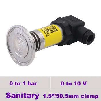 

0 to 1 bar, 100kpa sanitary flush diaphragm pressure transducer, 0 10V output + 12 24 30 VDC supply, 1 1/2" tri clamp connection