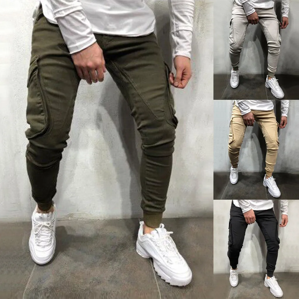 New Fashion Men's Slim Pure Color Casual Sports Woven Pocket Feet Pants pantalones hombre streetwear joggers sweatpants