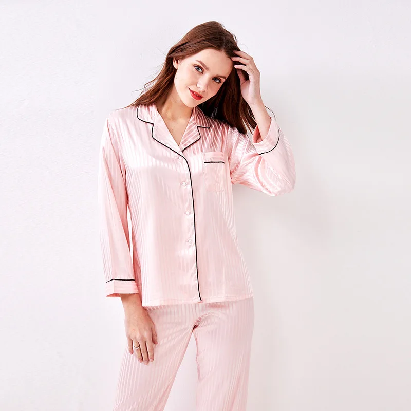 

womens satin silk pajamas bathrobe set sleepwear 2019 spring summer plus size nightwear 2 pieces suit Household pink striped