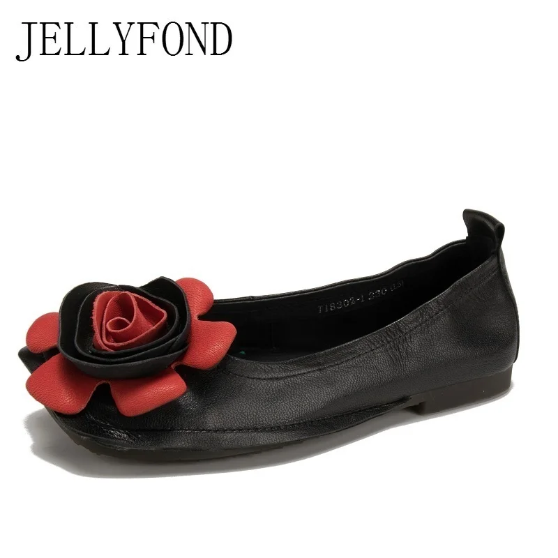 

JELLYFOND 2018 Vintage Flower Genuine Leather Designer Women Flats Round Toe Slip On Female Loafers Handmade Driving Shoes