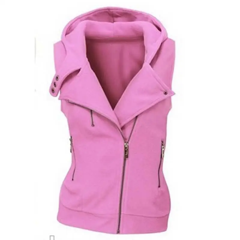 Модные женские толстовки с капюшоном, толстовка на молнии, куртка-бомбер без рукавов, верхняя одежда на молнии, пуговицы, топ размера плюс, LJ7843M - Цвет: Pink