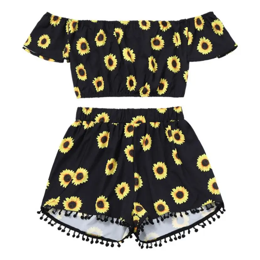 

Casual 2 Two Piece Set Women Sunflower Print Summer Off the Shoulder Crop Top Shorts 2018 Beachwear Women Set