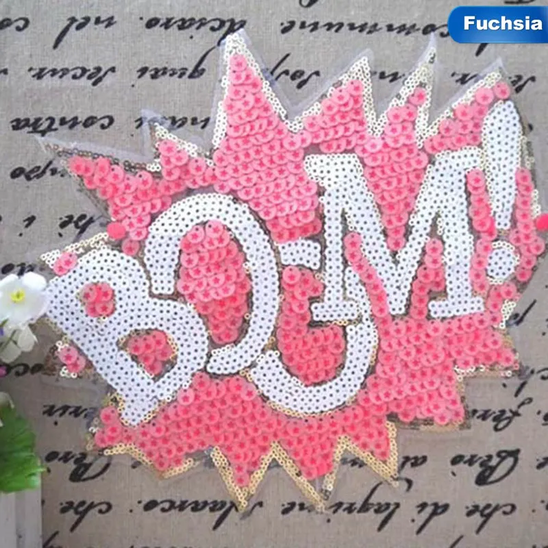 

Embroidered Iron On Patches For Clothes Sequins Deal With It Clothing DIY Pink Alphabet BOOM Motif Applique