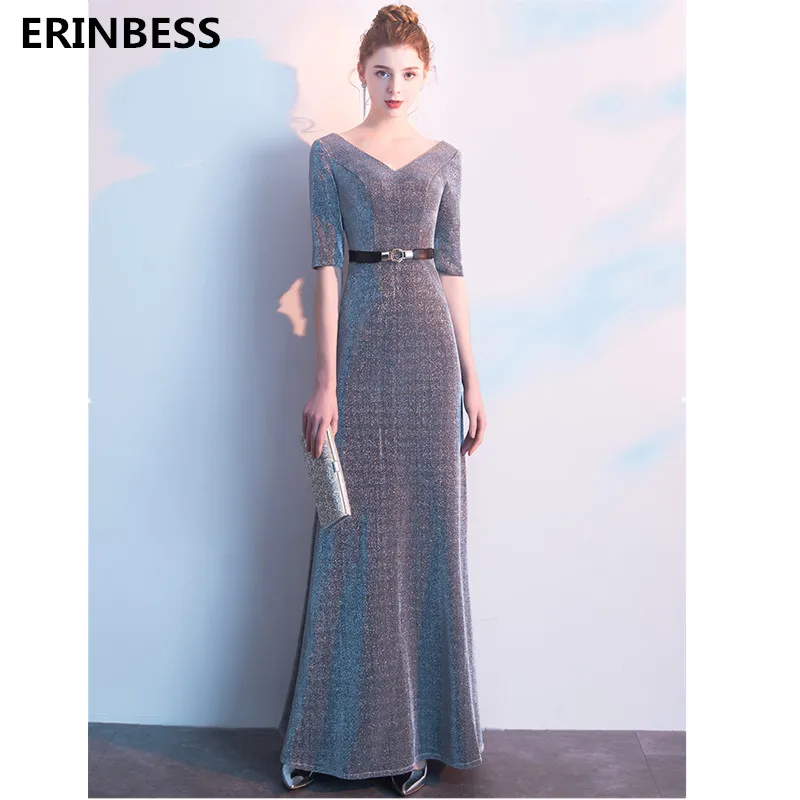 

Vestido De Festa Sexy V-neck Prom Dress Robe De Soiree 2019 High Quality Gray A-line Half Sleeve Prom Dresses Long Dress