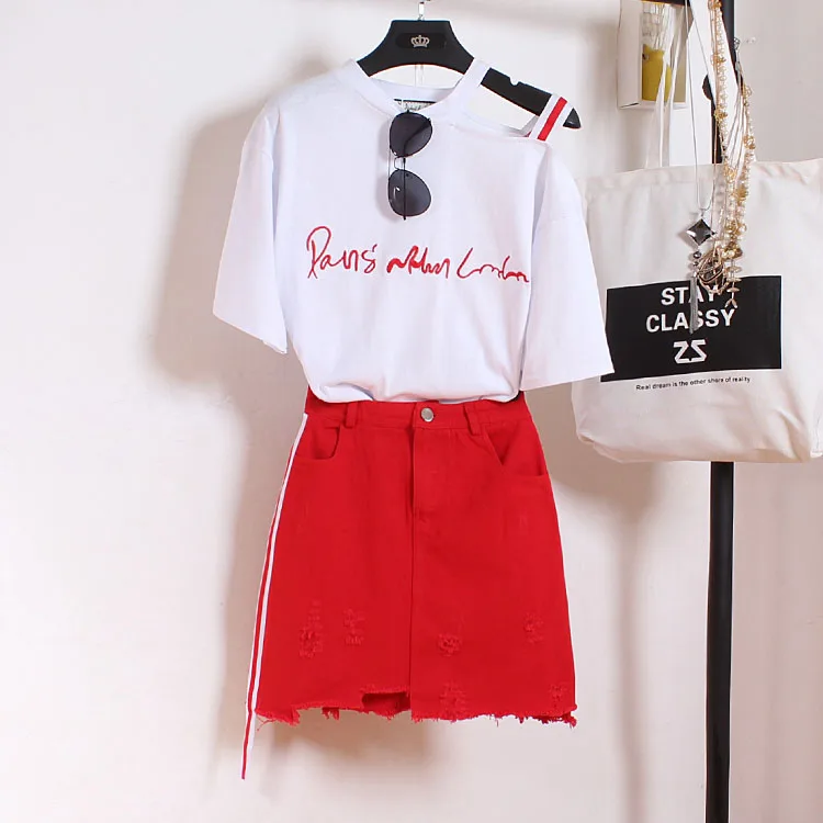 

Amolapha Women Off Shoulder Letter T-Shirts+High Waist Irregular Denim Skirts 2 PCS Clothing Sets Suit