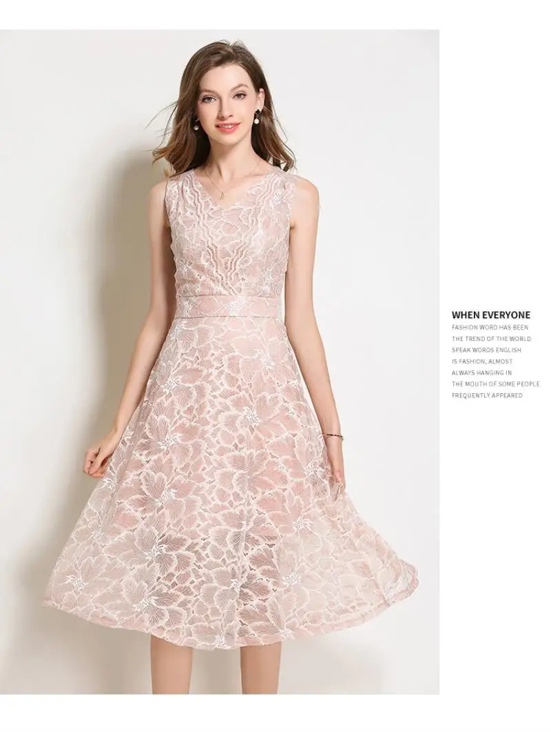 2018 Summer Lace Dress Work Casual Slim Work Women Party Dresses V-neck Sexy Hollow Out A-line Vintage Vestidos