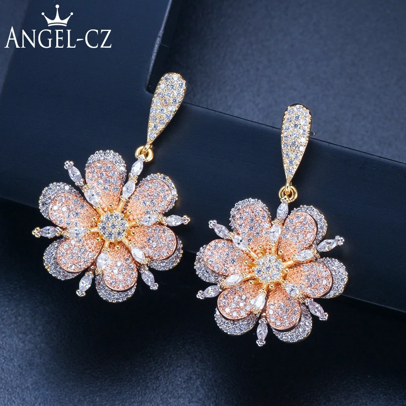 

ANGELCZ Trendy Mix Gold Color Flower Drop Jewelry Full Micro Pave CZ 3 Tone Stylish Party Earrings With 925 Silver Ear Pin AE194