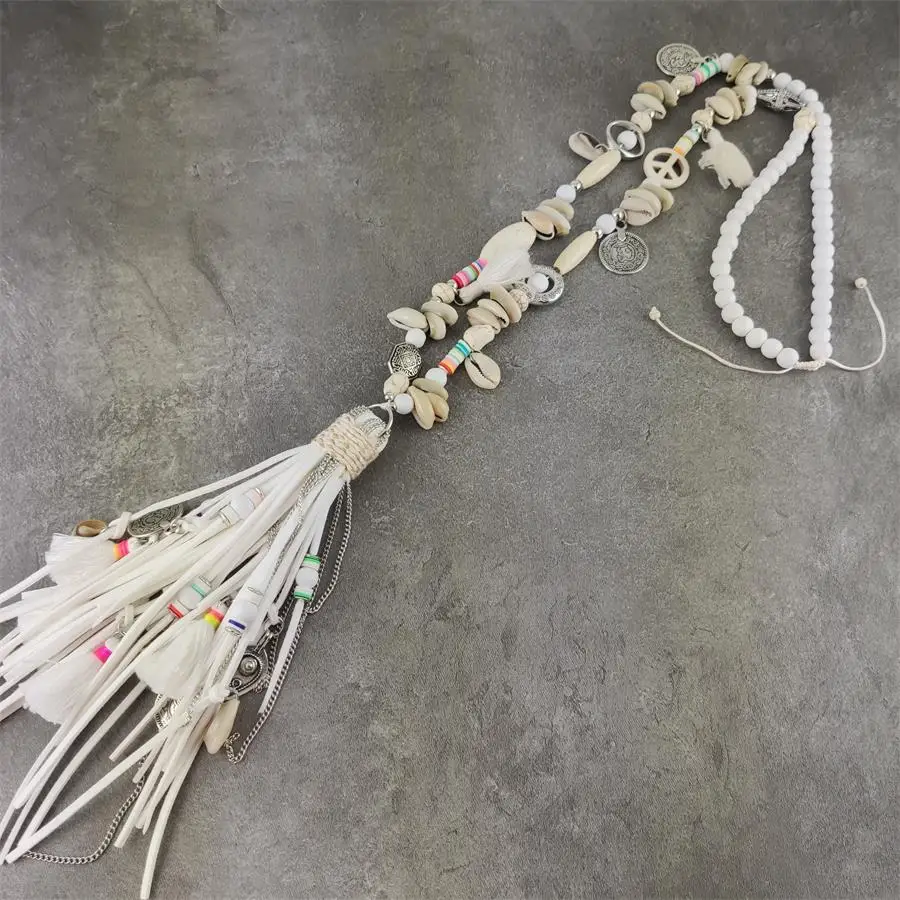 

Boho Statement Collar Maxi Long white Leather Chain Necklace Women Ethnic Fringe Tassel Ball Jewelry Vintage Collier Necklace