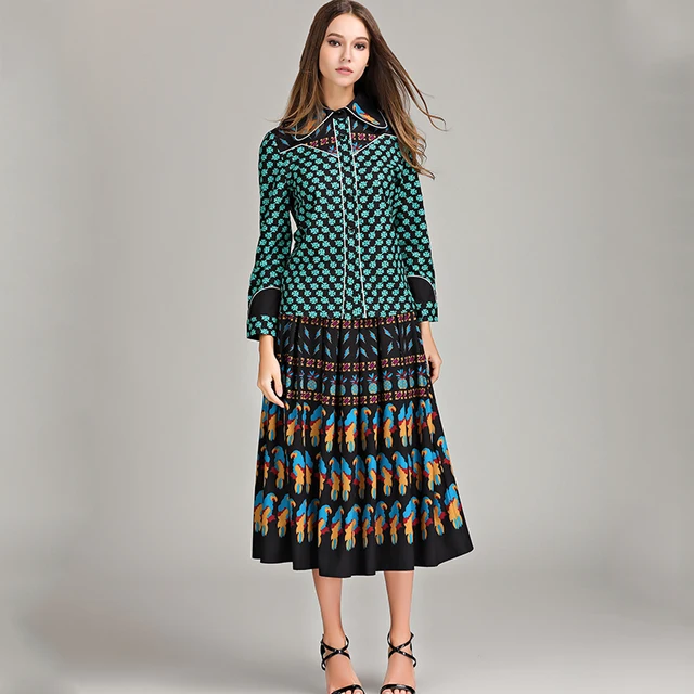 2018 Top Fashion Runway Bohemian Outfit Blouse Pleated Skirt Women Vintage Printed 2 Pieces Set Celebrity Twin Plus Size 4XL 2018 Top Fashion Runway Bohemian Outfit Blouse Pleated Skirt Women Vintage Printed 2 Pieces Set Celebrity Twin Plus Size 4XL