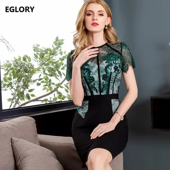 

Lace up Women's Dress Sexy Bandage Ladies Hollow Out Lace Floral Patchwork Short Sleeve Hip Pack Tight Pencil Dress XXXL Female