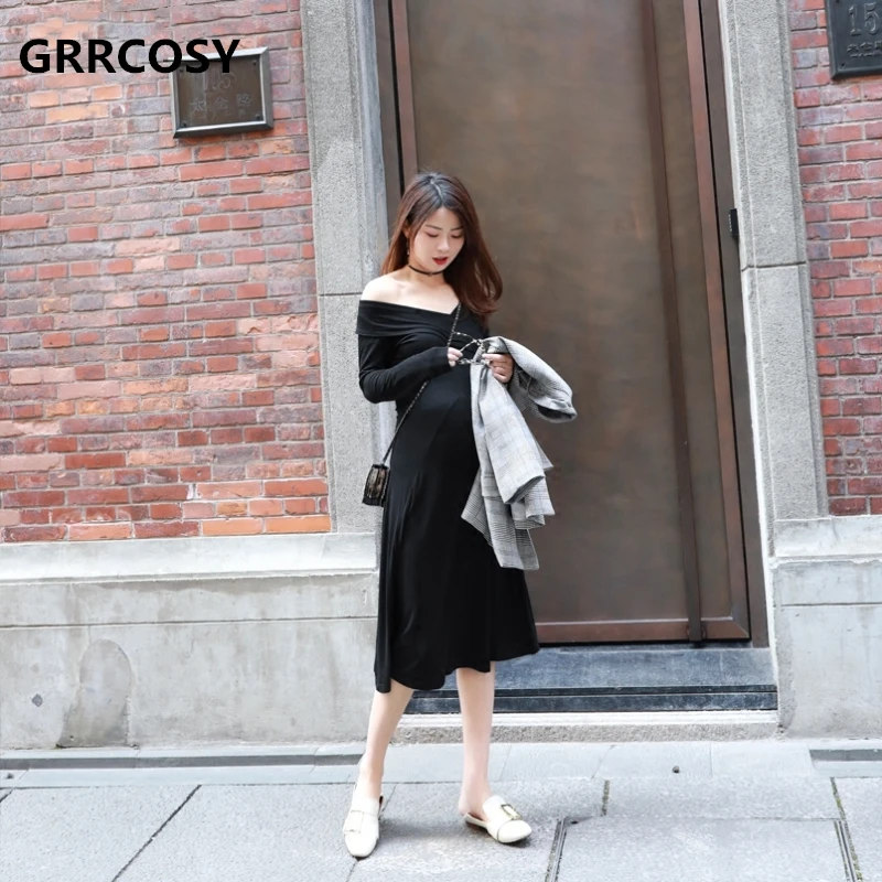 

GRRCOSY Off-the-Shoulder Long Sleeve Cotton Black Spring/Autumn Maternity Dress Shoulderless Sexy Knitted Clothes for Clothing
