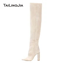 Women Beige Faux Suede Over The Knee High Slouchy Boots Pointy Toe Chunky Heel Slouch Long Boots Ladies Winter Heeled Shoes 2018