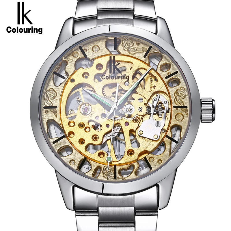 

IK Hollow Golden Watches Men Skeleton Mechanical Watch Stainless Steel Top Brands Luxury Man Watch Montre Homme Wristwatch