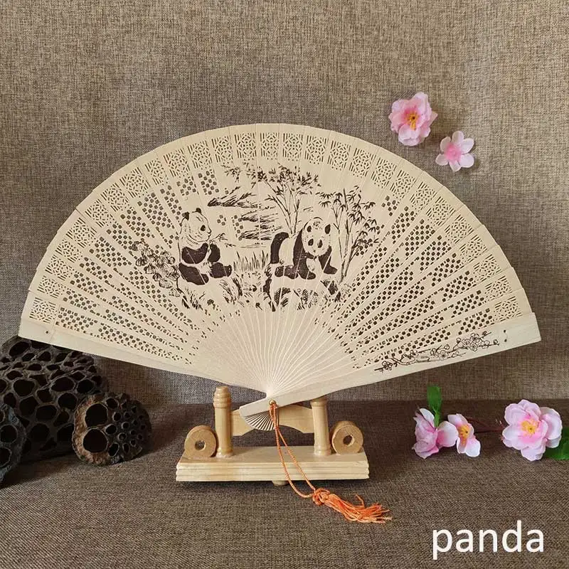 panda 1Pcs Chinese wood carving printing Vintage antique craft fan Incense wood lady folding fan - Цвет: panda