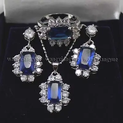 

Women's gift Jewelry word Natural Fine Blue Zircon Crystal Link Earrings /Ring / Necklace Pendant Set silver-jewelry mujer