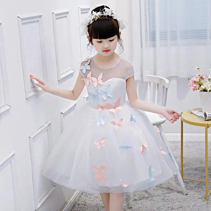 Белый Цвет для маленьких детей; с украшением в виде бабочки на день рождения Свадебная вечеринка бальное платье Сетчатое платье, детское элегантное пианино платье для приема