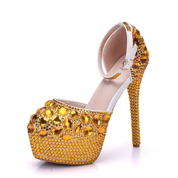 

Luxry Rhinestone Sandals Bridal Shoes Blue Gold Sliver Platform High Heels Sandals Handmade Party Wedding Shoes XY-A0289