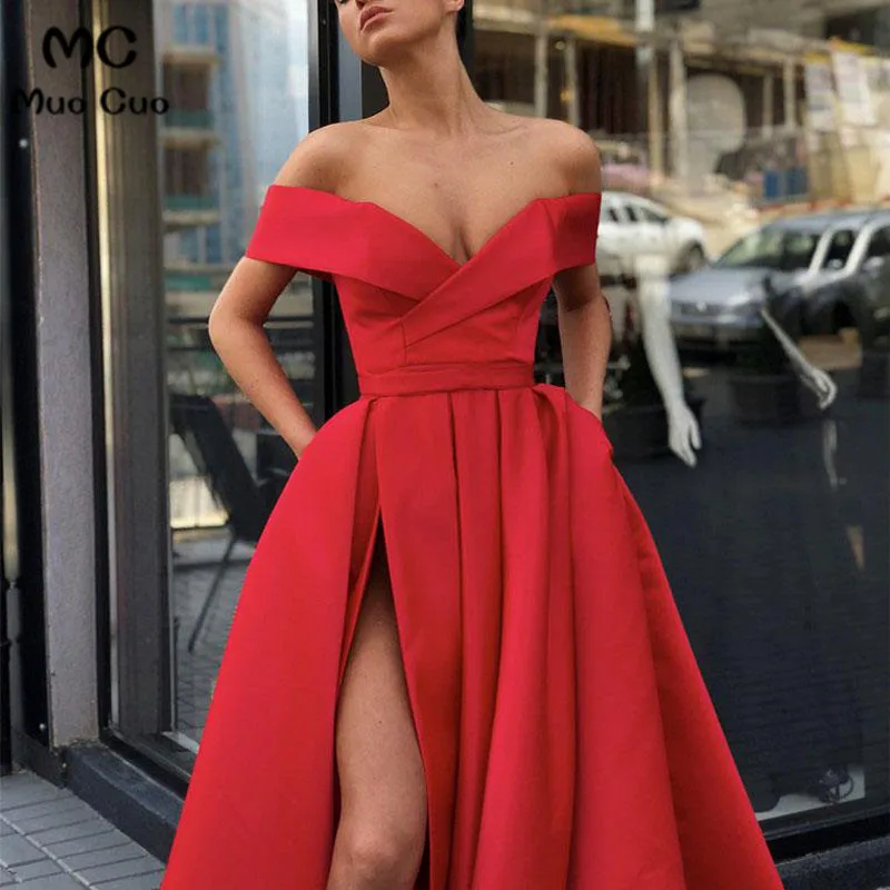 Long Satin Split Evening Dresses Off The Shoulder Prom Gowns56