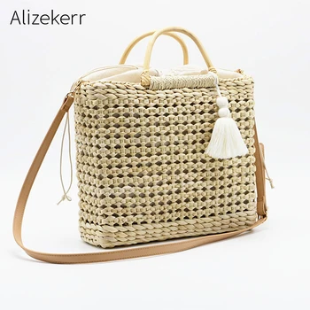 

Hollow Out Straw Bag Women Summer Large Capacity Handmade Woven Wood Handle Tassel Beach Bag Rattan Female Bolso Paja Holiday