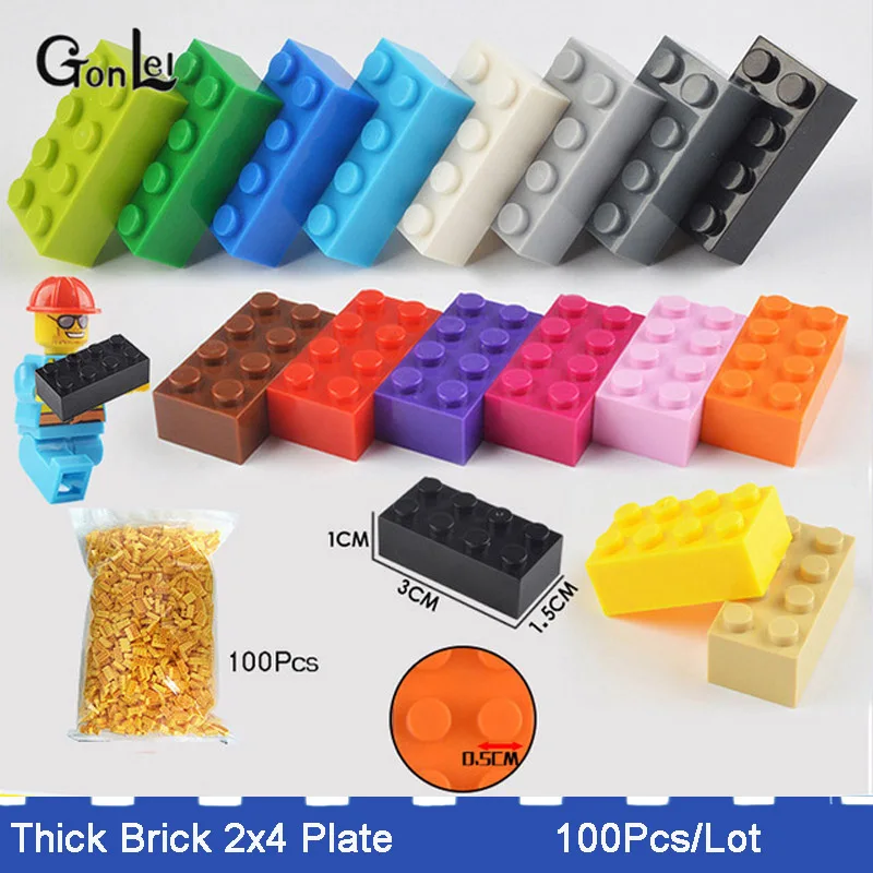 

100pcs/lot 2X4* DIY Educational Assembling Toy Plastic Base Building Blocks Bricks Small Paticles Compatible with 3001 MOC Block