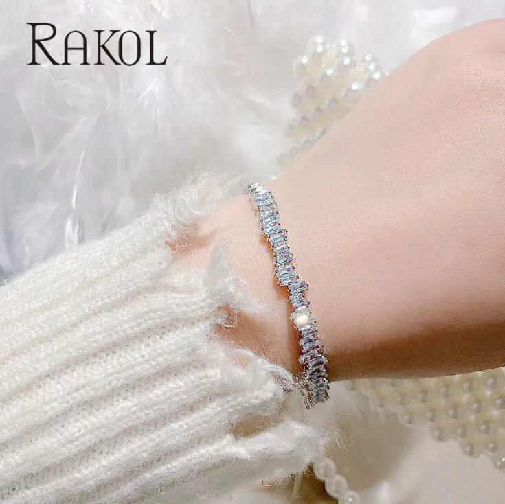 RAKOL AAA+ кубический цирконий багет Bijoux манжета Теннисный браслет и браслет с розовым золотом женские свадебные ювелирные изделия