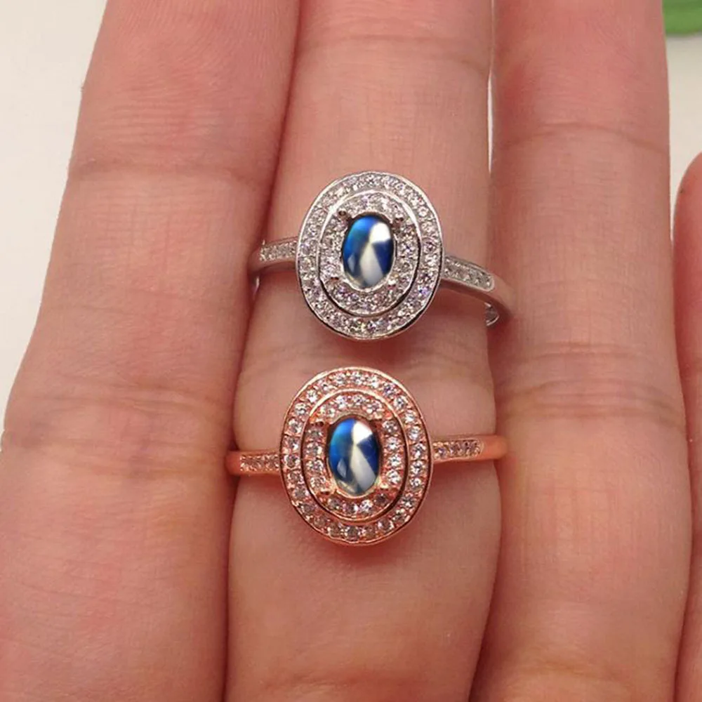 

S925 Sterling Silver Fine Ring Oval Moonstone 4*6MM Women's Anniversary Luxury Jewelry Opening adjustable Rings AS9