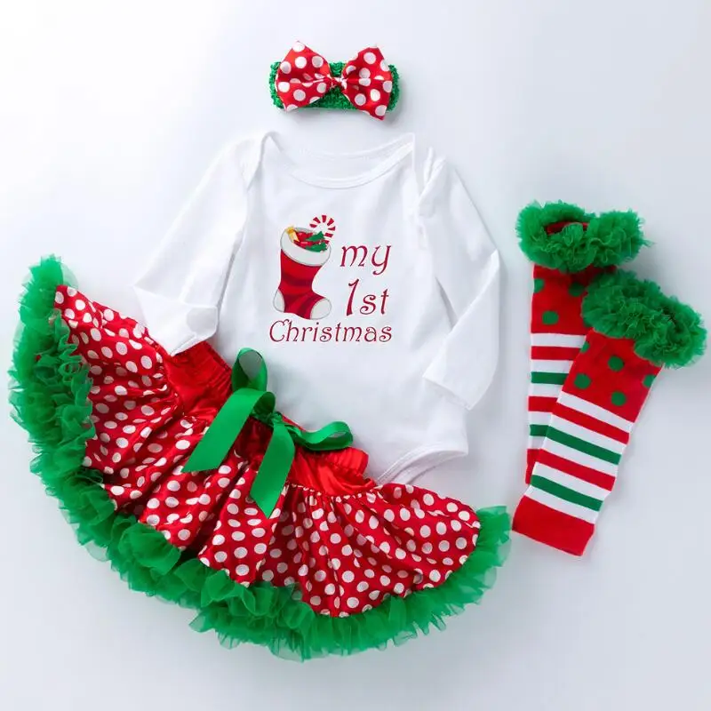 Рождественская одежда для младенец, Детский комбинезон+ юбка-пачка+ повязка на голову+ гетры, 4 предмета, одежда для маленьких девочек Рождественский комбинезон для малышей - Цвет: F5012-1