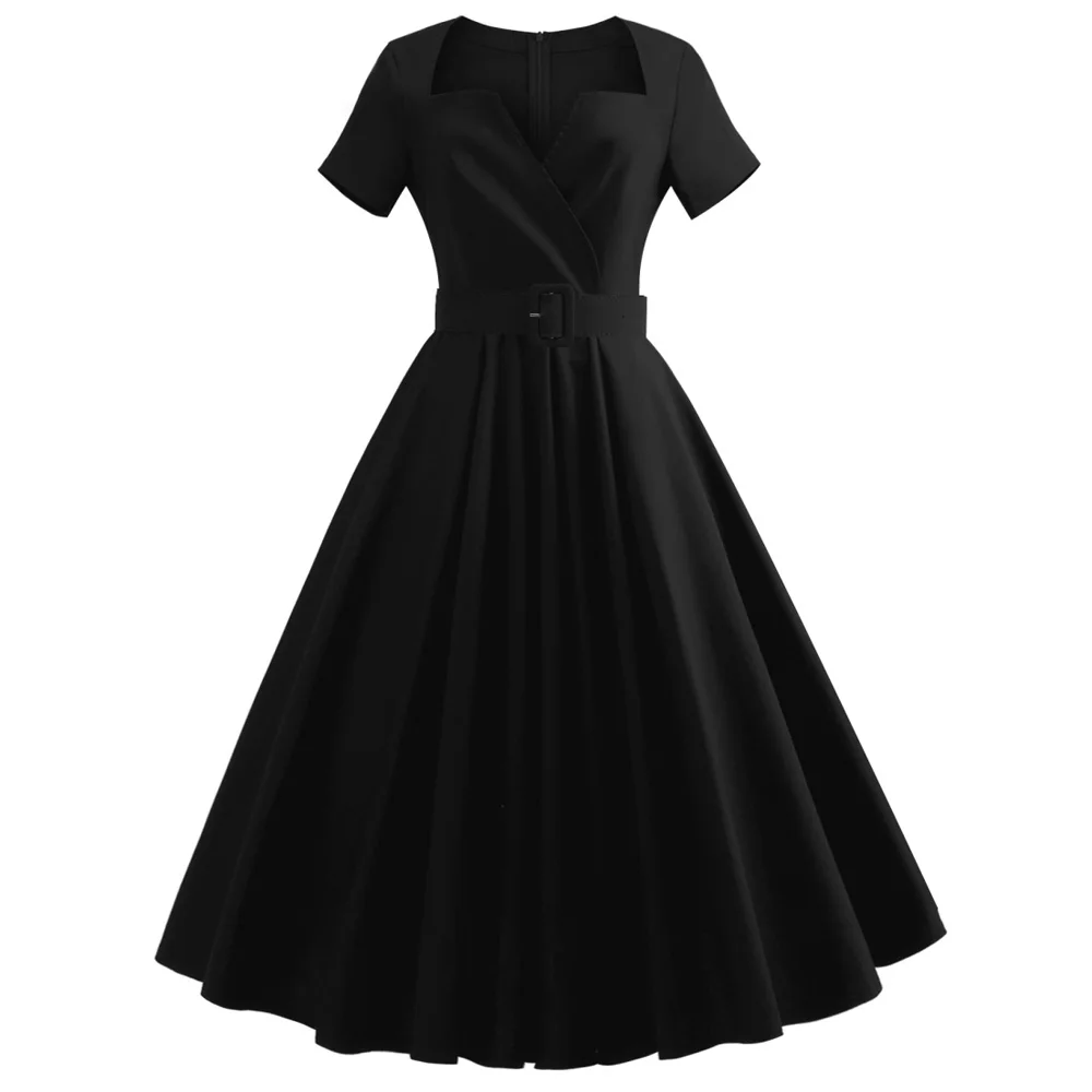 С короткими рукавами размера плюс винтажное платье с поясом из хлопка однотонное черное/красное ретро платье Одри Хепберн вечерние офисное платье vestidos
