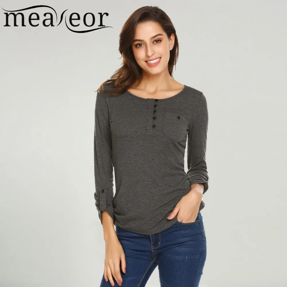 Meaneor Women Casual Scoop Neck Long Sleeve Solid Elastic Pullover Knit T-Shirt 
