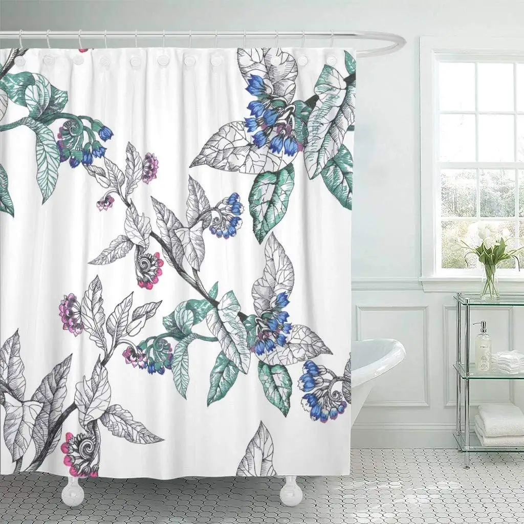 

Shower Curtain with Hooks Colorful Bloom Watercolor with Beautiful Flowers on White Green Blossom Botanical Color Bathroom Decor