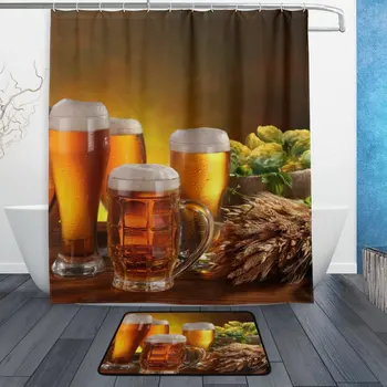 

Shower Curtain and Mat Set 60 X 72 Inches Set of 2 , Bottle Beer Wheat Waterproof Fabric Bathroom Curtain and Rug Set with Hooks