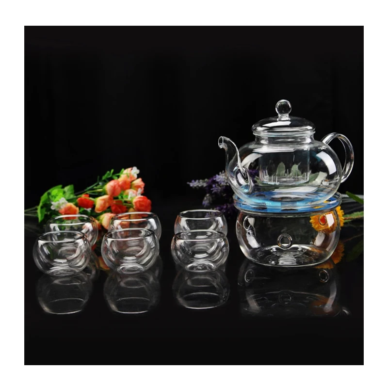 Brand New Clear 600ml Heat Resistant Glass Flower Teapot Set 6 Double Wall Tea Cup Tea