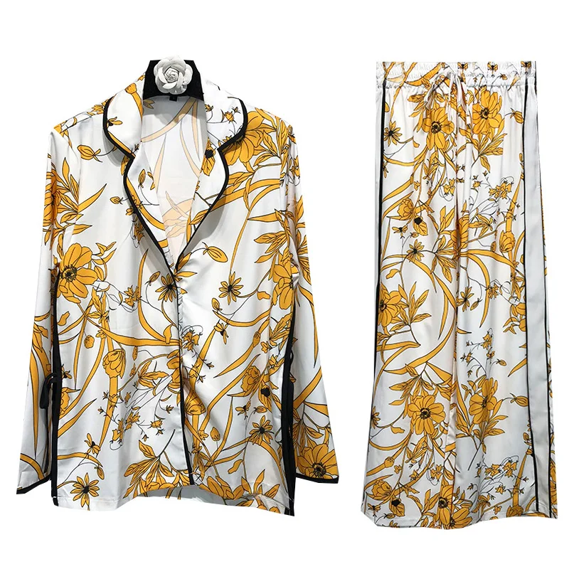 2019 лето и осень Новый модный костюм воротник цветочный рубашка куртка + Высокая талия широкие брюки элегантный костюм женский