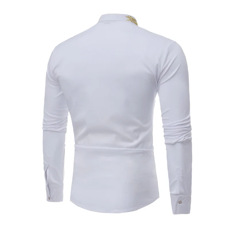 Белая мужская рубашка с золотой вышивкой, брендовая приталенная рубашка с воротником-стойкой, повседневная мужская рубашка с длинным рукавом