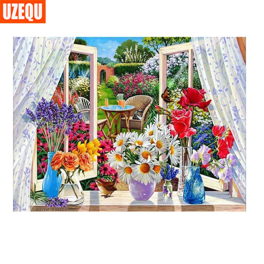 

UzeQu 5D DIY Diamond Painting Cross Stitch Flower Window Scenery Diamond Embroidery Full Square Rhinestone Painting Home Decor