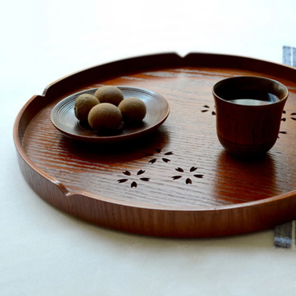 

Visual Touch Wood Sakura Carving Hollow Serving Trays Bed Plate Platters Breakfast Dinnerware Tea Cup Wedding Party