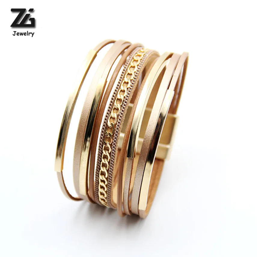 

ZG 2018 Fashion Crystal Multi-layer Gray Leather Bracelet for Women Trendy Magnet Hand Clasp Bracelet with Full Gold color Bar