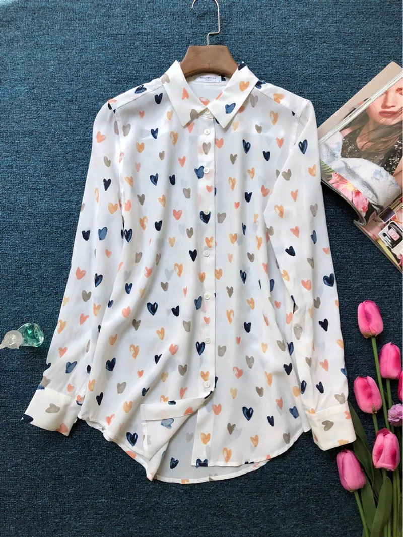 

100% Silk Women Colorful Love Print Long Sleeve Pocket Sweet Fresh Blouse Shirt