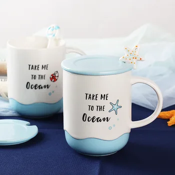 

Creative cute ceramic mark cup with lid spoon couple coffee cup office sea shell starfish drinking cup 3