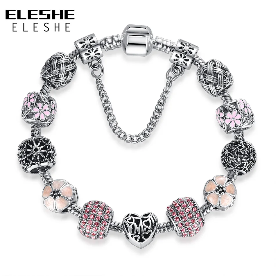 

Antique Silver Charm Bracelet&Bangle for Women With Flower Heart Murano Glass Beads Strand Bracelets Friendship DIY Jewelry 2018