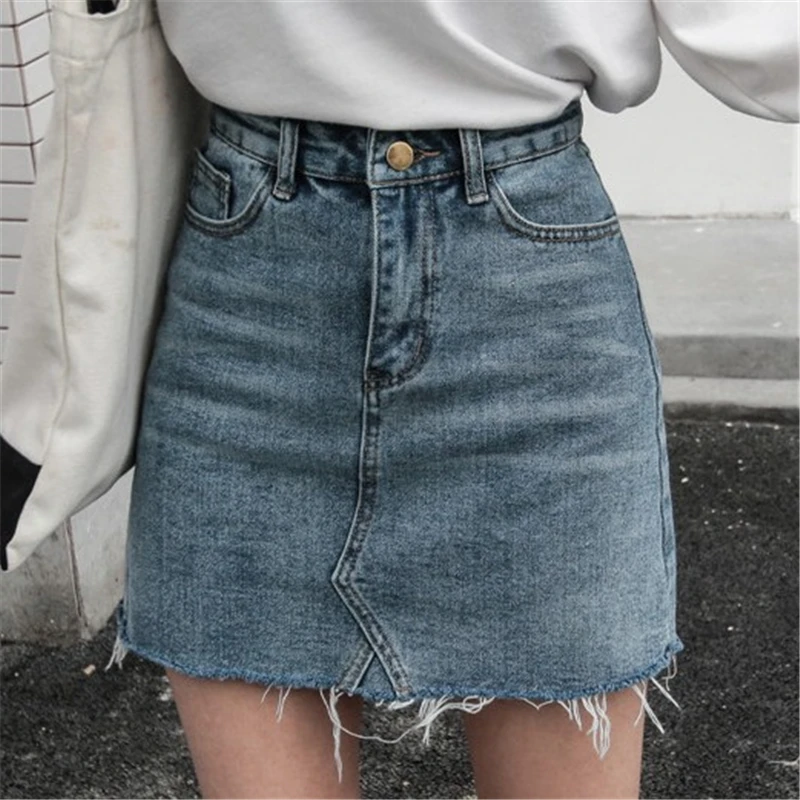 

New Women Summer Black Blue Solid Casual High Waist Denim Skirts High Street Pockets Button All-matched Jeans Skirt C1013