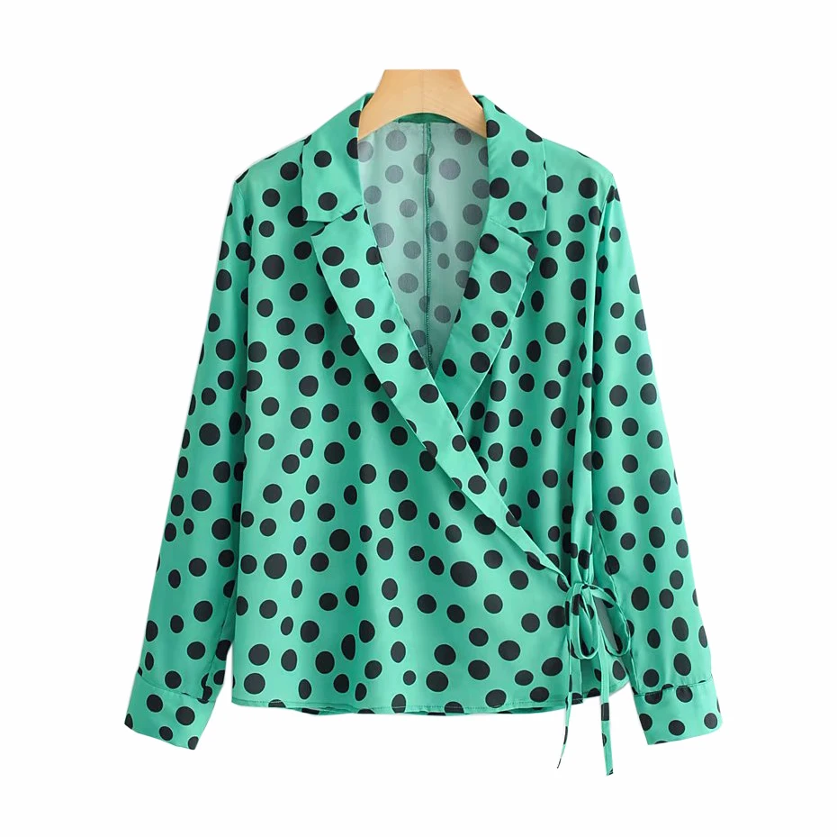 

Women Cross V Neck Bow Tie Polka Dot Shirt Sashes Nine Quarter Sleeve Green Blouse 2019 Spring Ladies Casual Tops Blusas