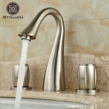 

Modern Goose Neck Basin Faucet Brushed Nickel Double Handles Bathroom Mixer Taps Deck Mount