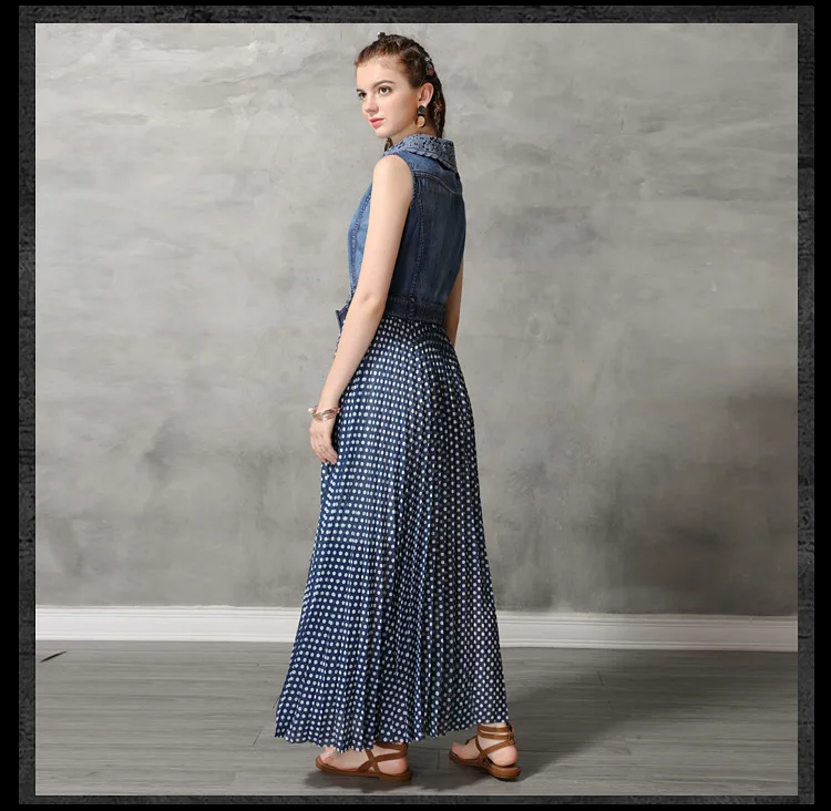 Vintage Summer Long Dress Women Sleeveless Turn Down Collar Blue Dot Patchwork Chiffon Denim Dresses W/ Belt