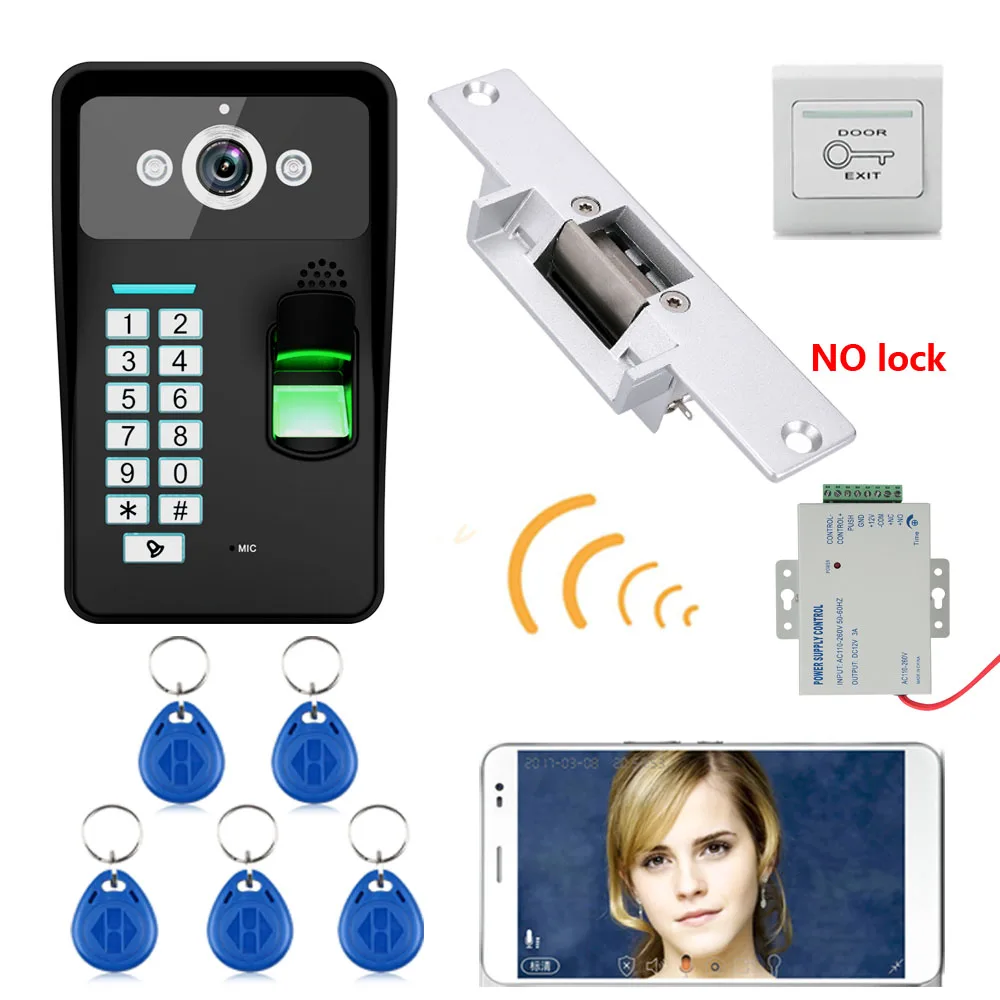 HD 720P Wireless WIFI RFID Fingerprint Recognition Video Door Phone Doorbell Intercom System + Electric Strike Lock