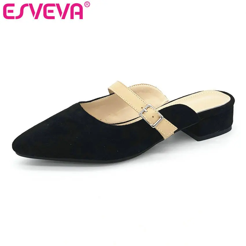 

ESVEVA 2019 Ladies Sandals Low Heel PU+Flock Ladies Western Style Slip On Concise Buckle Slingback Women Shoes Summer Size 34-43